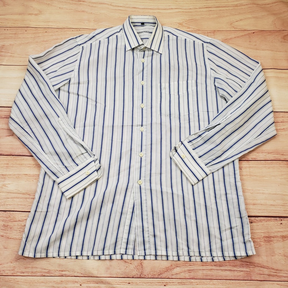 Jean Chatel Shirt Mens 39 Blue White Striped Long Sleeve Button Down Dress